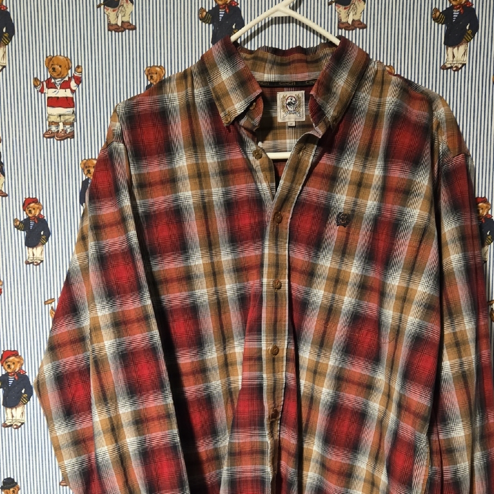 Cinch Mens Plaid Cotton Longsleeve Button Shirt Red Brown Medium